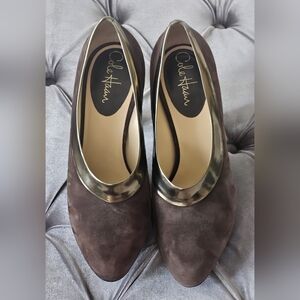 Cole Haan Women's Brown Suede Gold Trimmed Heels 3 In.
